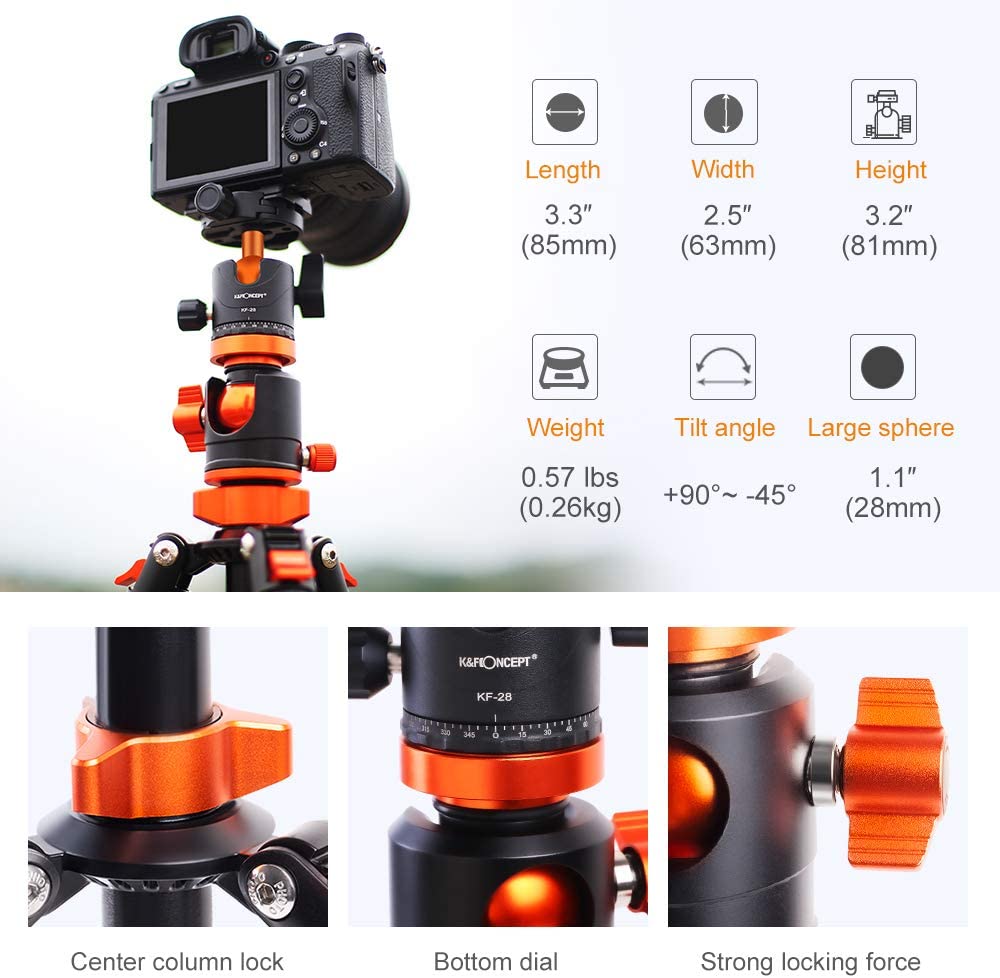 K&F Concept S211 Tripod with Tranverse Center Column Aluminium with detachable monopod