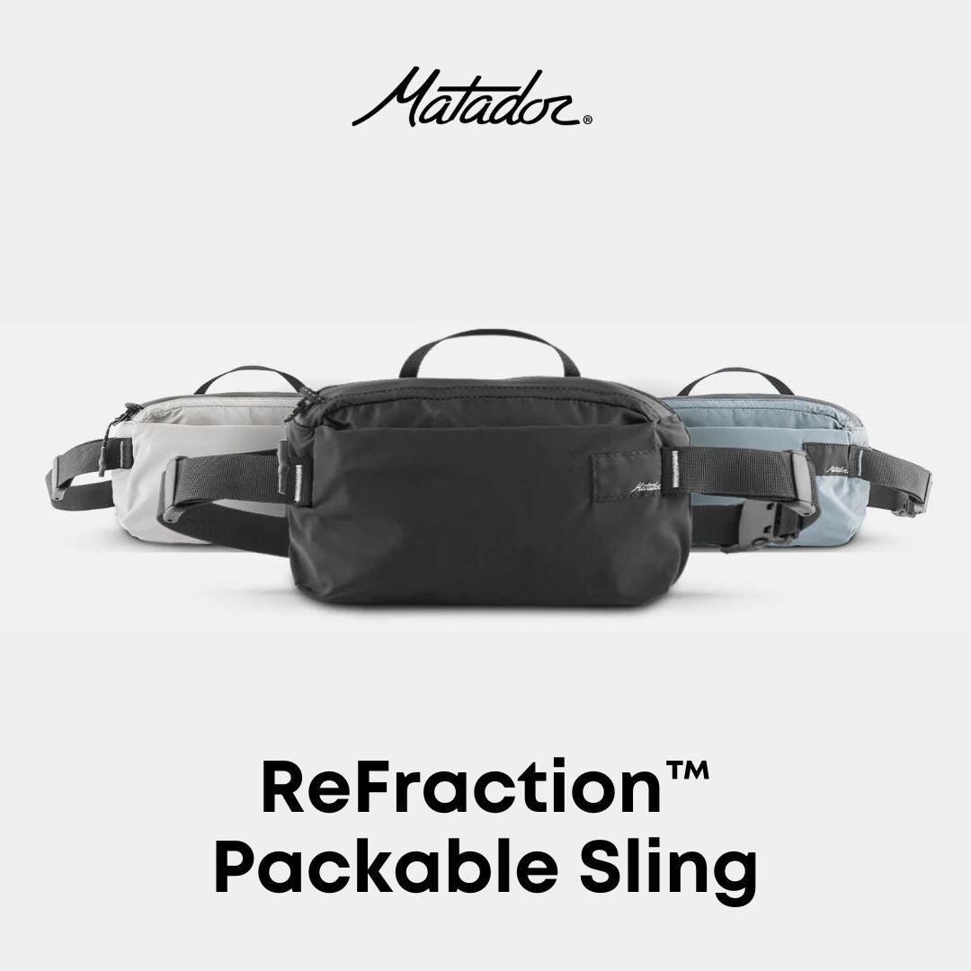 Three Matador ReFraction Packable Slings in black, blue, and gray, displayed in a front-facing arrangement with the Matador logo at the top.